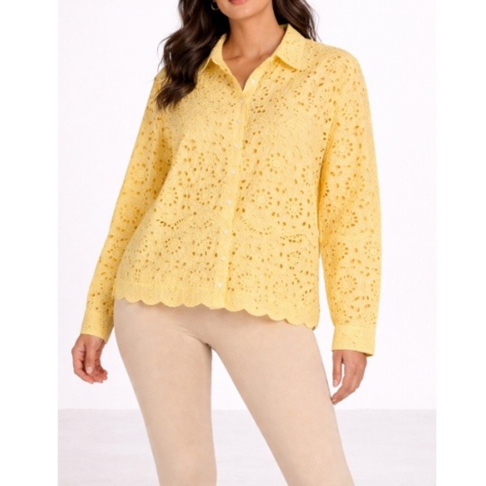 J.Jill Women's Lemon Eyelet Scallopedβ Hem Cotton Sheer Button Shirt Size 2X NWT
